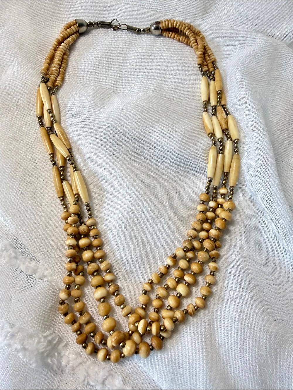 Vintage Multi Strand Natural Bone Bead Statement Necklace Boho Southwestern Bras